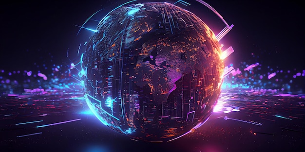 メタバース デジタル ワールド サイバー スペース 3 D レンダリング背景ネオン サイバーのカラフルな世界