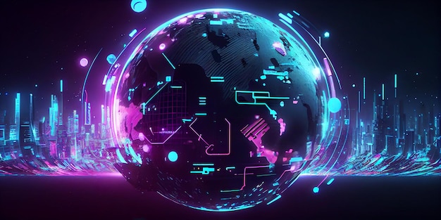 Metaverse digital world cyber space 3D rendering background neon colorful global world in cyber