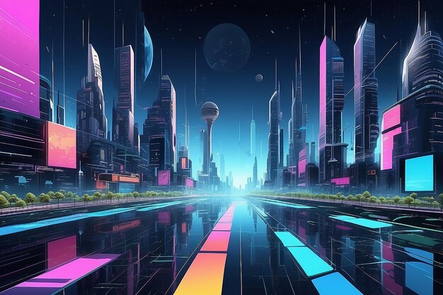 Metaverse future cityscape perspective view Metaverse technology world concept vector illustration