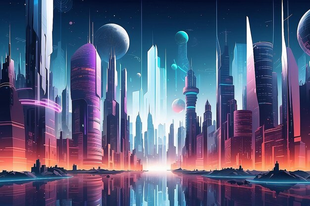 Metaverse future cityscape perspective view Metaverse technology world concept vector illustration