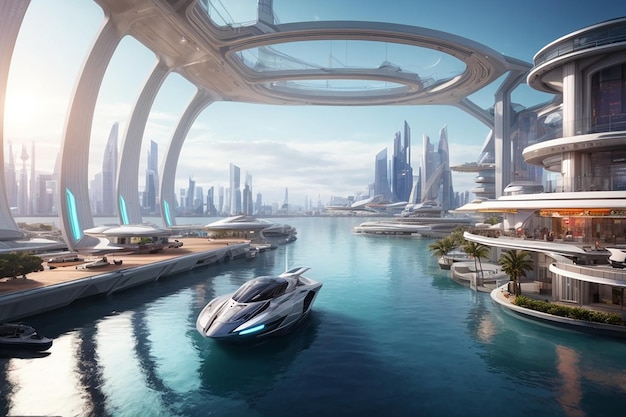 Metaverse futuristisch haveninterieur SciFi digitale waterkant