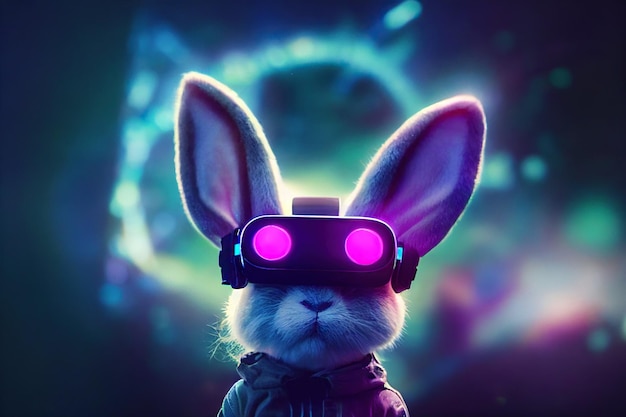 Metaverse klein schattig konijntje in virtual reality-bril met gloeiende ogen op neonruimteachtergrond