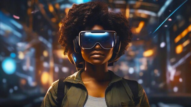 Metaverse Marvel Zwarte vrouw geportretteerd met Augmented Virtual Reality Goggles