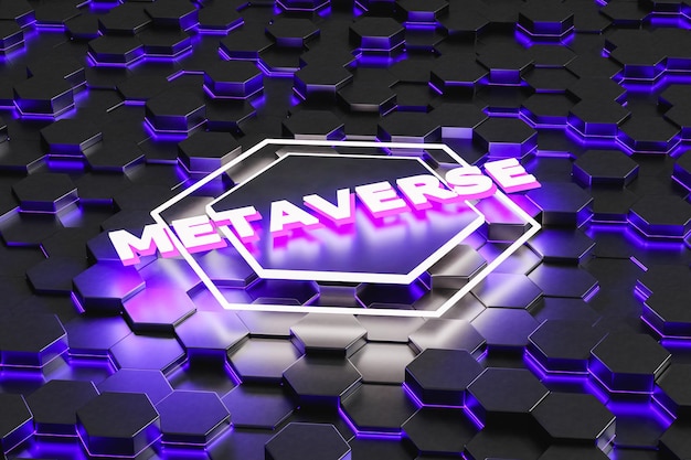 Metaverse paarse neon aankondiging uithangbord 3d render