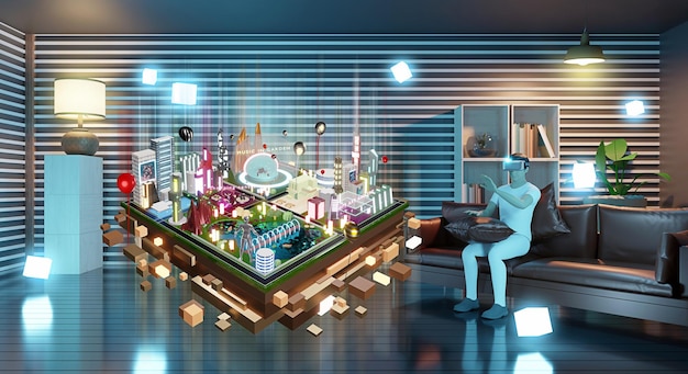 Метавселенная и песочница, аватар человека, играющего в игру через очки виртуальной реальности в гарнитуре виртуальной реальности в гостиной