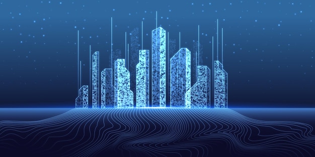 Metaverse stad en futuristisch virtual reality-concept met blauwe digitale stadswolkenkrabbergebouwen met golvende draden op abstracte technologische achtergrond 3D-rendering