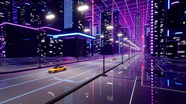 Metaverse stad met vervoer auto 3d render