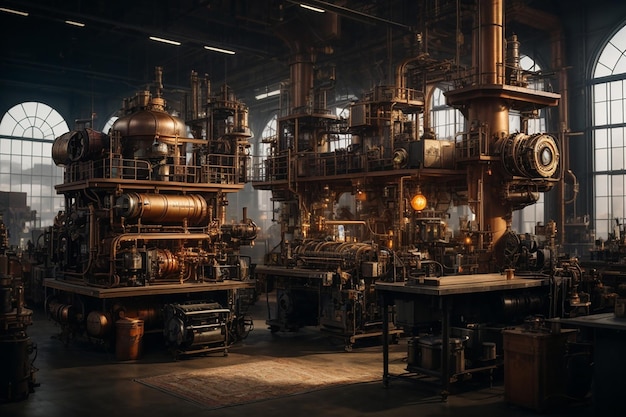 Metaverse Steampunk Factory Workshop Industrial Fantasy Setting