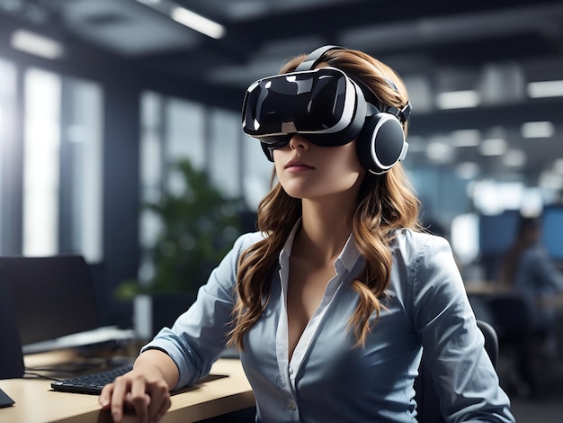 Metaverse technologieconcept Vrouw met VR virtual reality-bril werkt op kantoor