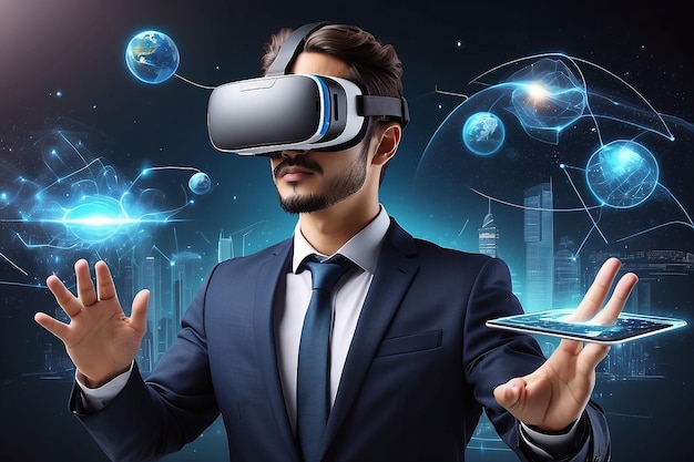 메타버스 테크놀로지 컨셉: 비즈니스 미래를 위해 VR 가상 현실 고글과 메타버스의 경험을 사용하는 사업가