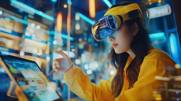 Metaverse technology concept Woman with VR virtual reality goggles is working Cyber background