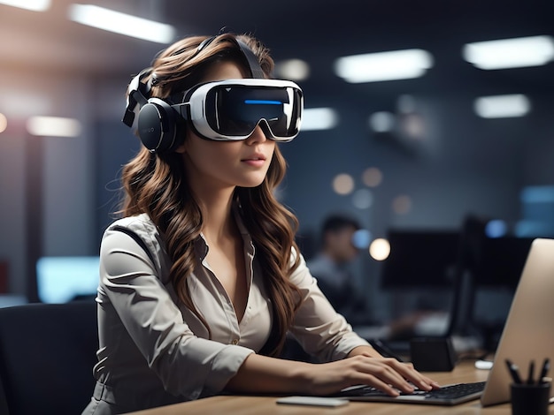 Metaverse technology concept woman with vr virtual reality goggles is working in the office