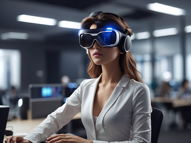 Metaverse technology concept woman with vr virtual reality goggles is working in the office