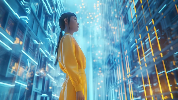 metaverse technology concept Woman in yellow outfit Living in the midst of the future world