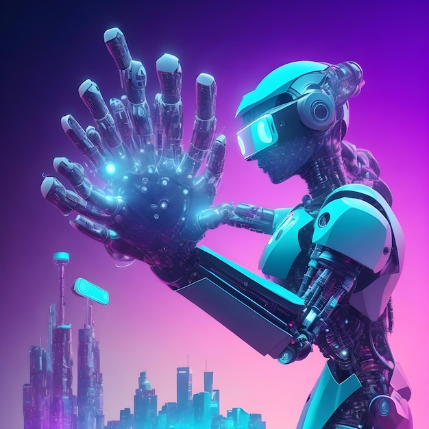 Metaverse technology Hand of robot and human connected on network AI Generate