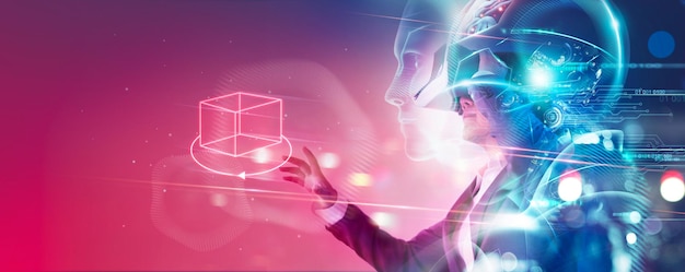 Metaverse technology robot and human connected on network metaverse technological transition between human and robots virtual reality visualization simulation ar vr of futuristic for business