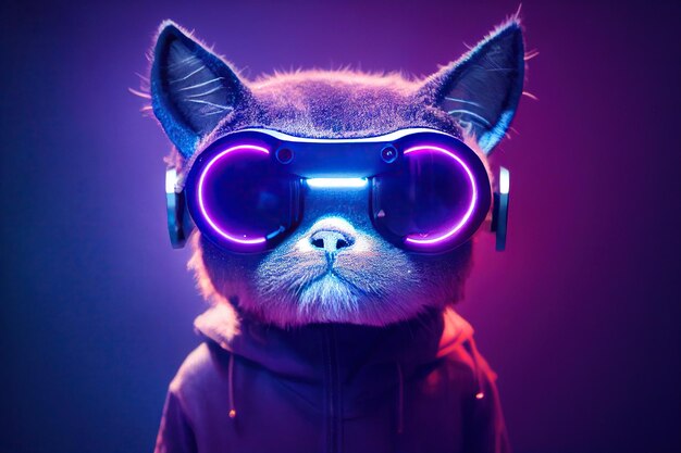 Metaverse tiny cute cat in virtual reality glasses with glowing eyes on neon space background