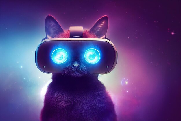 Metaverse tiny cute cat in virtual reality glasses with glowing eyes on neon space background