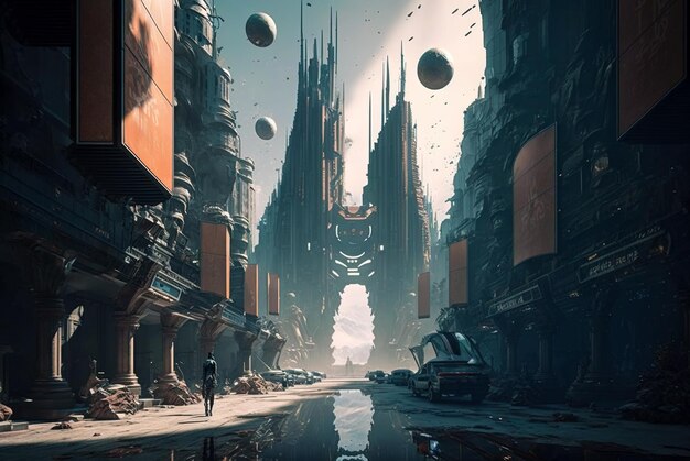 Metaverse and virtual reality concept dystopia of futuristic cyber city generative AI