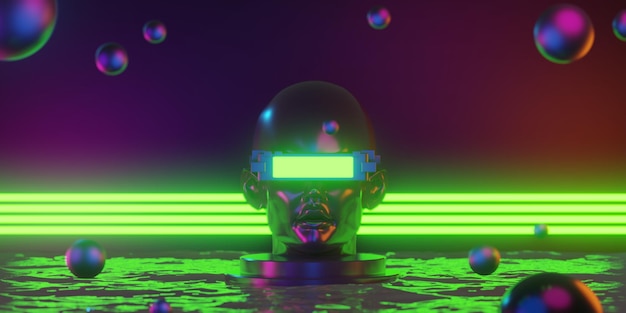 Metaverse vr virtual reality met netwerkgaming van simulatie cyberpunk gamer achtergrond 3D-rendering illustratie scifi ai robottechnologie