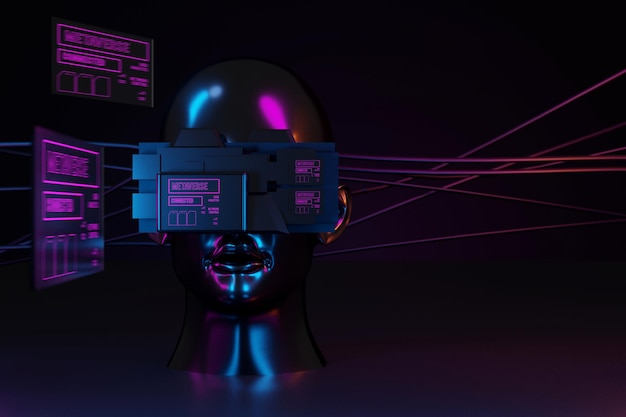 Metaverse vr world simulation gaming cyberpunk style digital robot ai 3d illustration rendering virtual reality device