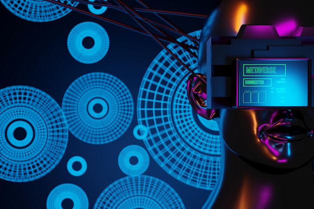 Metaverse vr world simulation gaming cyberpunk style digital robot ai 3d illustration rendering virtual reality device