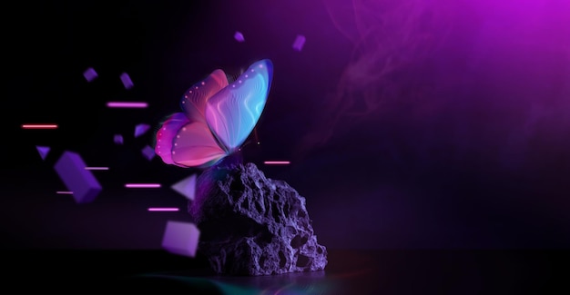 Metaverse Web3 and Blockchain Technology Scene Futuristic Background Included with Elements of Butterfly Rock 3d Graphic and Neon Light Conceptual Photo