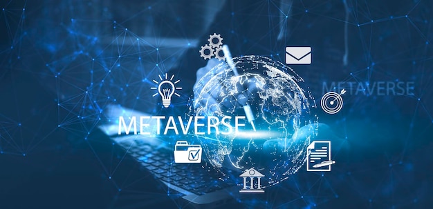 Metaverse with business concept man using computer and touch virtual globe with financial icons future technology business goals online communicationgraph Screen Icon of a media screenbig data