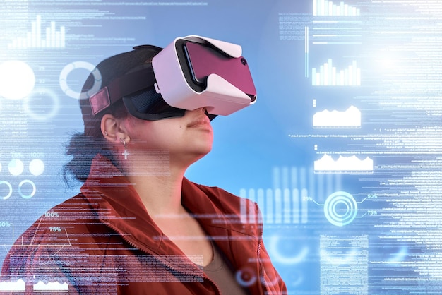 Metaverse woman or virtual reality glasses with overlay for digital transformation charts or graphs online Girl with cool vr headset in holographic cyber 3d technology for big data or future news