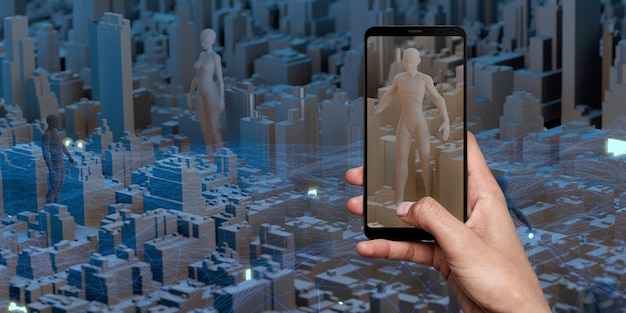 Foto metaverse world in smart phone che mostra una città simulata sullo schermo persone nel mondo virtuale