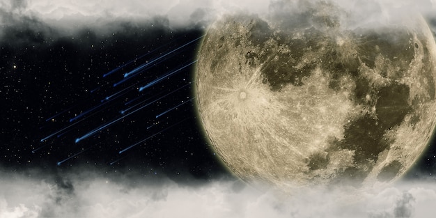 Meteor and full moon cloudy night 3D illustration