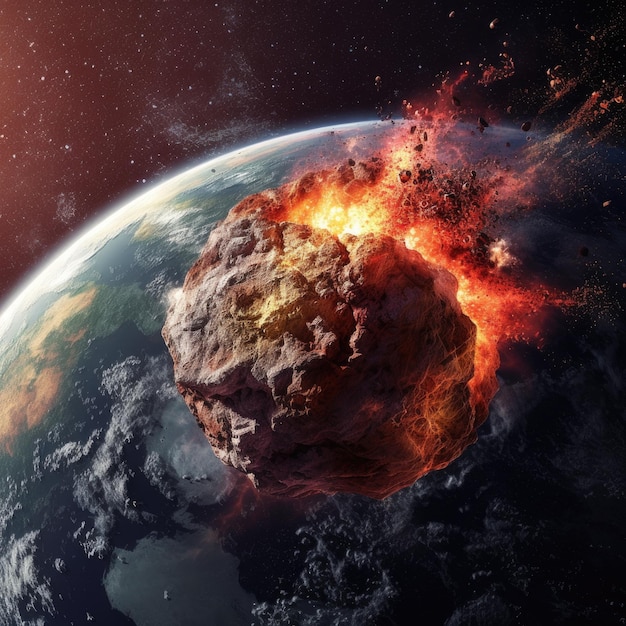 Meteor Impact with Earth fireball Asteroid In Collision with Planet Earth in deep space