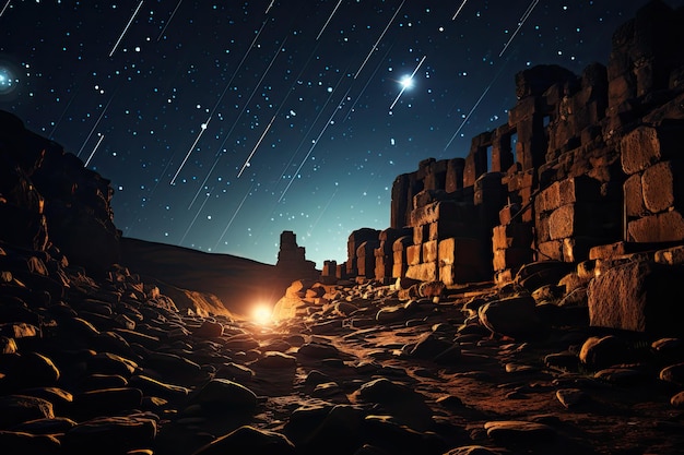 Фото Метеоритный дождь на старых руинах создает волшебную генеративную ia для неба