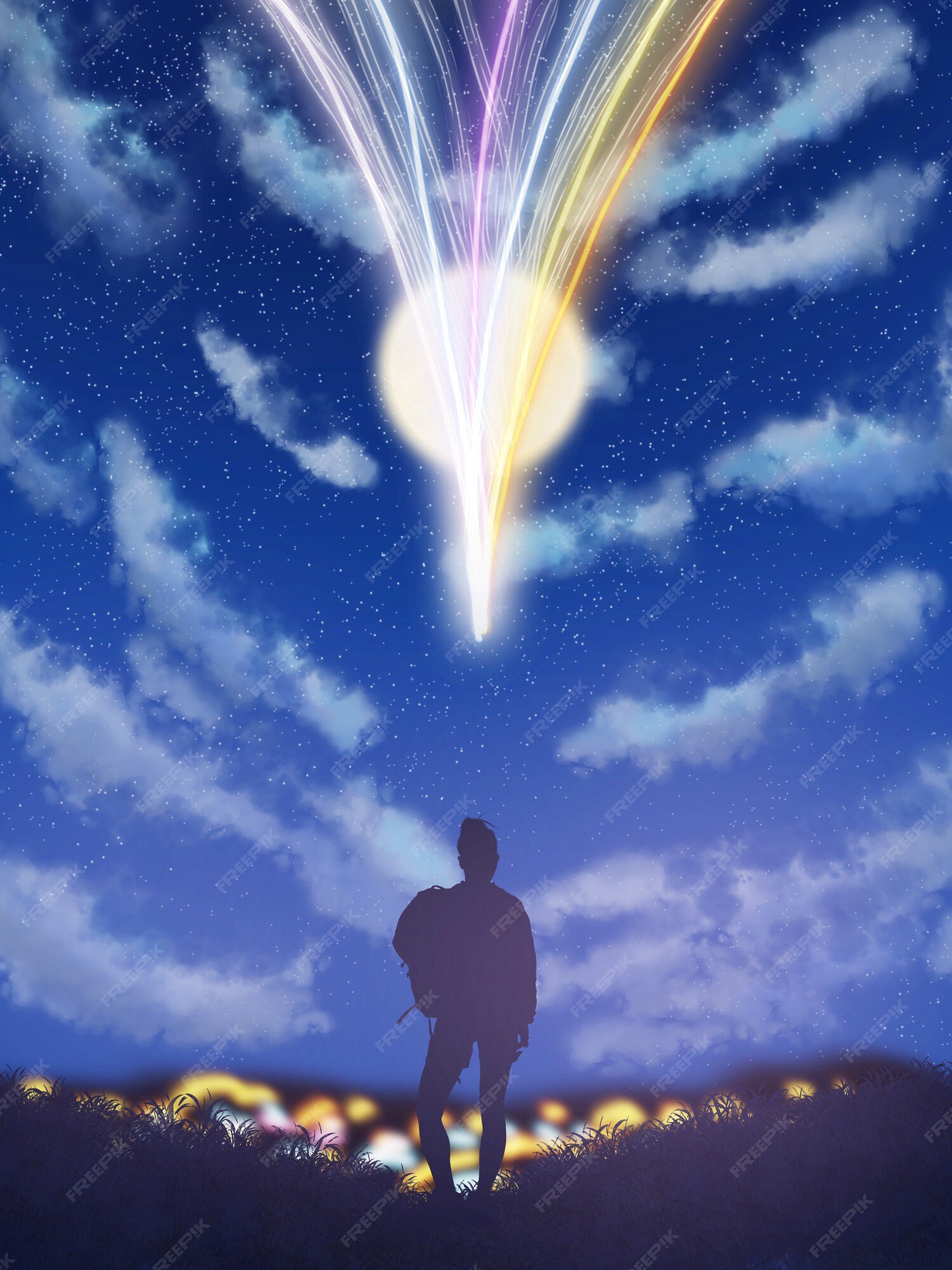 Premium Photo Meteor shower illustration digital painting with a man