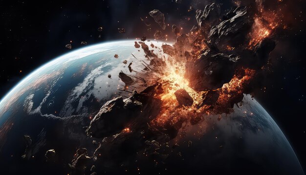 Meteor or space debris blows up the planet safe nature earth day concept