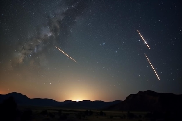 Meteor trails in the night sky beautiful meteor shower falling stars Three meteorites burn up