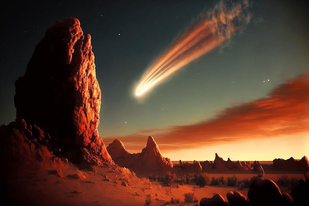 A meteor with a red sky and a mountain in the background