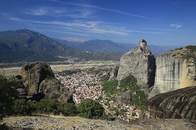 Meteora greece monastery landscape, orthodox monastery in the mountains, christianity, faith view