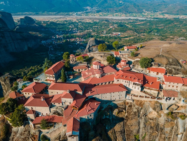 Meteora monastery aerial view Thessaly mountains Greece summertime