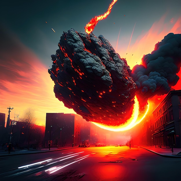 meteorite exploding on impact in New York, buildings on fire and collapsing