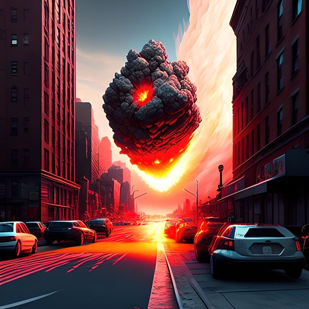 meteorite exploding on impact in New York, buildings on fire and collapsing