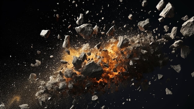 Photo meteorite explosions fragments and pieces of stonesgenerative ai