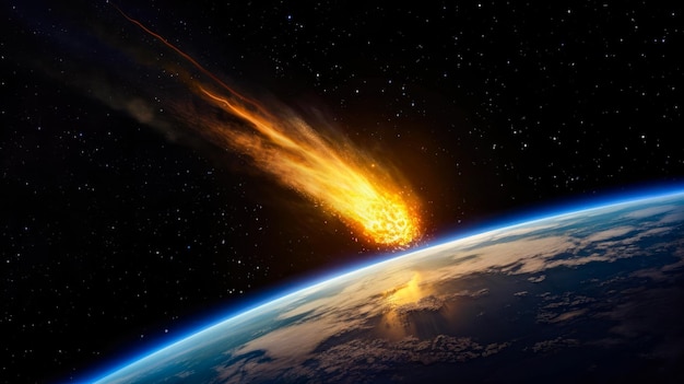 地球上空に隕石が見られる。
