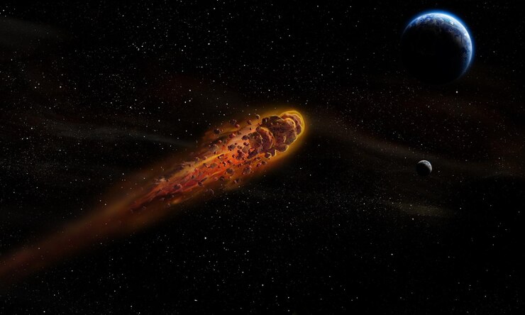 Photo meteorite with flames. asteroid heading towards planet earth. pha (potentially hazardous asteroid).