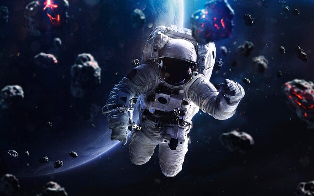 Meteorites and astronaut Deep space image science fiction fantasy in high resolution