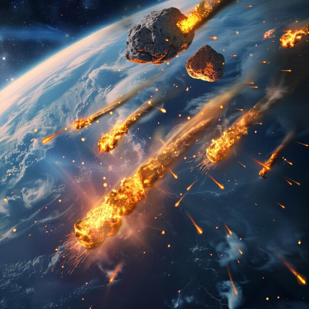 Meteorites flying towards Earth fiery line behind the meteorite