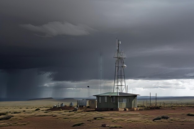 Meteorological station with the eye of the storm visible in the distance created with generative ai