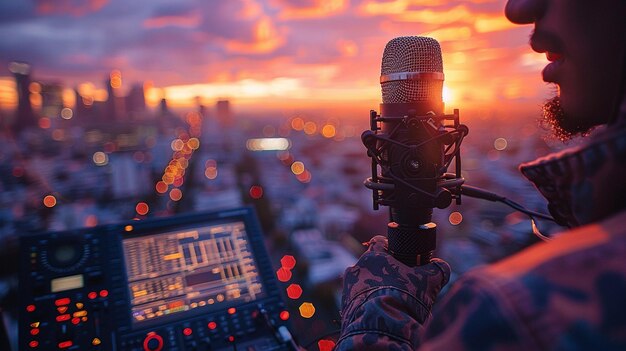 Photo meteorologist holding a microphone reporting from wallpaper