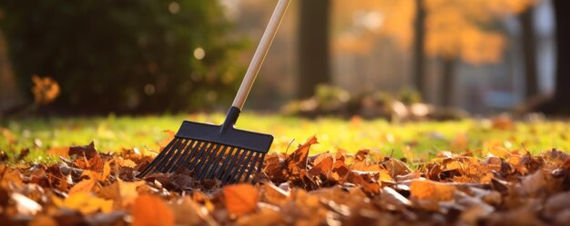 Foto l'atto meticoloso di rastrellare le foglie cadute nel giardino durante la stagione autunnale concentrandosi sui dettagli del rastrello