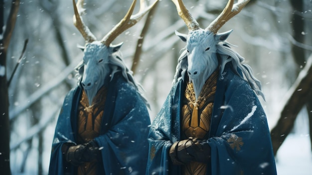 Photo meticulous fantasy two deers in blue cloak with horns in snow